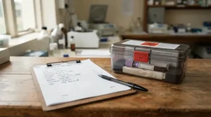 A completed diagnostic checklist beside a packed sample collection kit for bird vet laboratory submission.