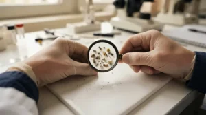 A close-up view of a magnifying glass included in a sample collection kit for bird vet analysis.