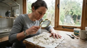 Inspecting avian droppings with a handy magnifier from a sample collection kit for bird vet diagnostics.