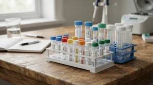 Secure stool collection containers shown inside a professional sample collection kit for bird vet screening.