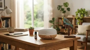 A small humidifier for bird cage room providing cockatiel respiratory support during dry winter months