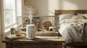 A small humidifier for bird cage room resting on a wooden nightstand next to a sleeping parrot's enclosure