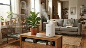 Preventing dry-air respiratory risk using a small humidifier for bird cage room in a modern apartment