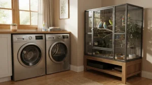 A small humidifier for bird cage room paired with an air purifier to manage dander allergies