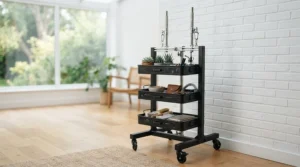 A modern bird play gym with a durable stainless steel base and easy-to-clean plastic perches.
