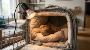 Setting up a cozy recovery enclosure featuring a reliable syringe feeder for a sick bird