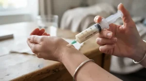 Checking formula temperature with a digital thermometer before using the syringe feeder for a sick bird to ensure safety