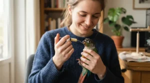 Demonstrating the correct crop feeding technique using a specialized syringe feeder for a sick bird in a warm room