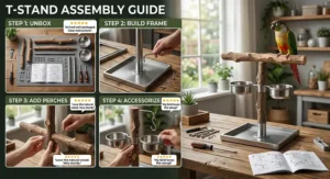 Step-by-step assembly guide for assembling a bird t-stand perch highlighted in top customer reviews