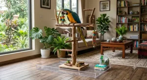 Complete t-stand setup in a living room designated bird play area with spill guard