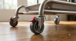 Close-up of lockable casters on a stainless steel t-stand with wheels for bird safety
