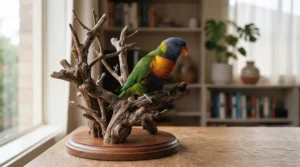 Small natural wood perch holder resting on a wooden desk with a colorful pet bird perched on top