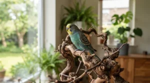 A natural tabletop java tree stand set up on a wooden desk as a habitat for a small pet bird.
