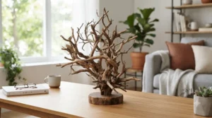 Miniature wooden base holding an exotic branched sculpture on a modern coffee table in an American living room