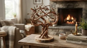 Decorative small wooden trunk sculpture on a circular base displayed in a cozy suburban home