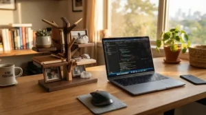 Compact wooden branch display mounted on a sturdy base, styled on a contemporary home office desk