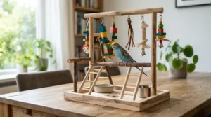 Tabletop play gym for African grey with foraging toys and natural branches