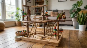 A handmade wooden bird play gym featuring colorful hanging toys and natural perches in a living room.