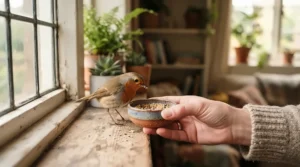 A hand offering bird grit for digestion to a curious pet bird during daily feeding time.
