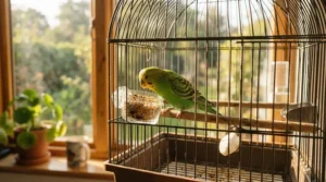 A clean cage setup showing how bird grit for digestion acts as a helpful digestive aid for parakeets.