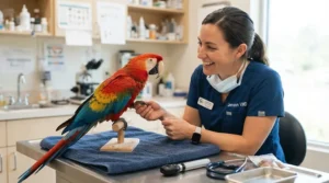A veterinarian discussing bird grit for digestion and probiotic supplements for a colorful parrot in a clinic.