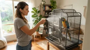 A person applying bird mite spray to a metal parakeet cage in a sunlit living room