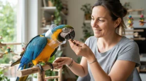 An owner using treats to help their pet accept an e-collar for bird feather plucking in a quiet room.