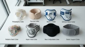 Various designs of the e-collar for bird feather plucking displayed on a table for pet owners to review.