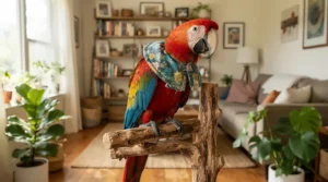 An e-collar for bird feather plucking fitted comfortably on a colorful parrot sitting on a perching stand indoors.