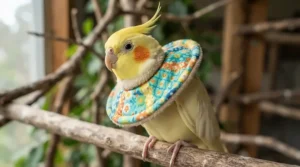 A close-up view of a custom e-collar for bird feather plucking designed to stop self-mutilation behavior.