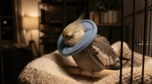 A sleepy cockatiel resting its head on an e-collar for bird feather plucking at night.