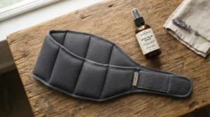 A comparison showing an e-collar for bird feather plucking next to a bottle of deterrent bitter spray.
