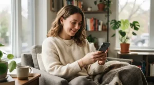 Browsing online feather conditioning spray reviews for birds on a smartphone for winter feather care