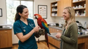 An avian veterinarian recommending a daily feather supplement for macaws during an annual wellness exam