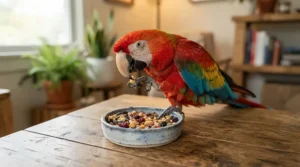 A vibrant blue and gold macaw eating its daily feather supplement for macaws from a ceramic bowl