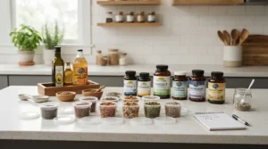 Pet owner organizing weekly portions of a trusted feather supplement for macaws on a kitchen counter