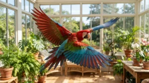 A healthy green-winged macaw stretching its wings after months on a proper feather supplement for macaws