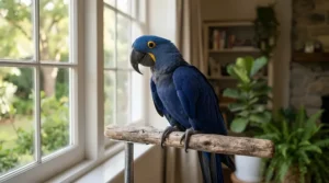 A hyacinth macaw receiving a specialized feather supplement for macaws to support heavy molting