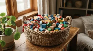 A woven seagrass basket filled with foraging toys to prevent feather plucking to stop boredom-driven feather destruction.