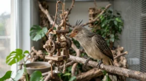 A crested cockatiel interacting with calming foraging toys to prevent feather plucking inside a spacious wire enclosure.