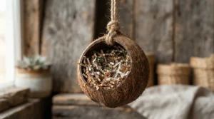 A hanging coconut shell stuffed with paper strips as natural foraging toys to prevent feather plucking in aviaries.