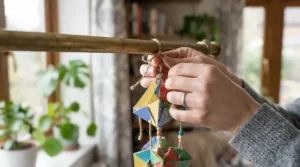 An owner hanging homemade foraging toys to prevent feather plucking to keep pet birds mentally stimulated and happy.