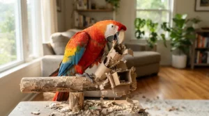 A colorful parrot enthusiastically tearing apart paper foraging toys to prevent feather plucking in a living room setup.