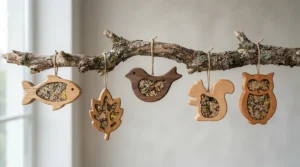 An array of wooden foraging toys to prevent feather plucking packed with hidden treats on a natural wood perch.