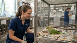 Monitoring a healthy pet inside a quarantine cage for new bird parasite isolation.