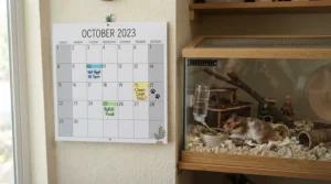 Calendar marking the duration inside a quarantine cage for new bird parasite isolation.