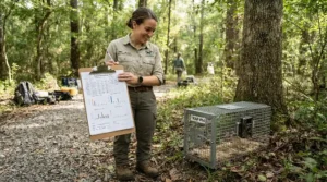 Reviewing medical notes next to a quarantine cage for new bird parasite isolation.