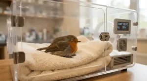 Providing critical-care warmth inside a small animal incubator for bird emergencies for a rescued finch