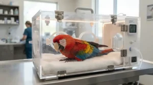 An injured parrot resting inside a small animal incubator for bird emergencies with adjustable digital controls
