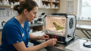 A veterinarian checking a small animal incubator for bird emergencies holding a shivering green parakeet